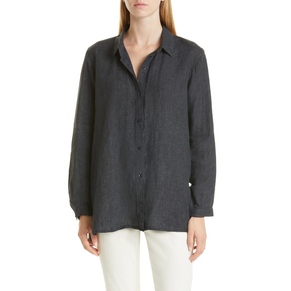 Eileen Fisher Organic Linen Button-Up Shirt Charcoal Gray Long Sleeve L